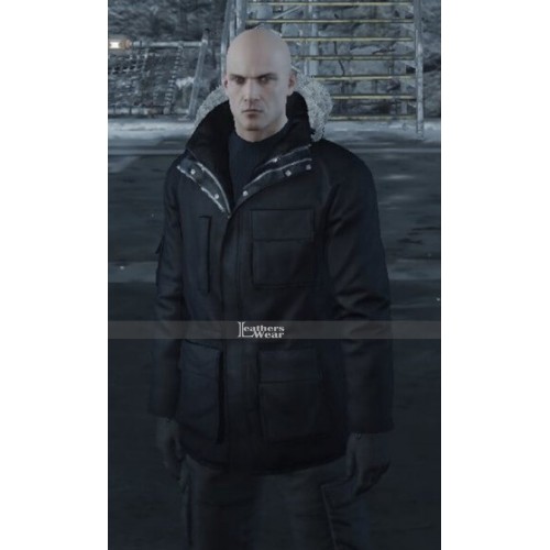 Hitman Agent 47 Fur Shearling Hooded Black Coat Jacket
