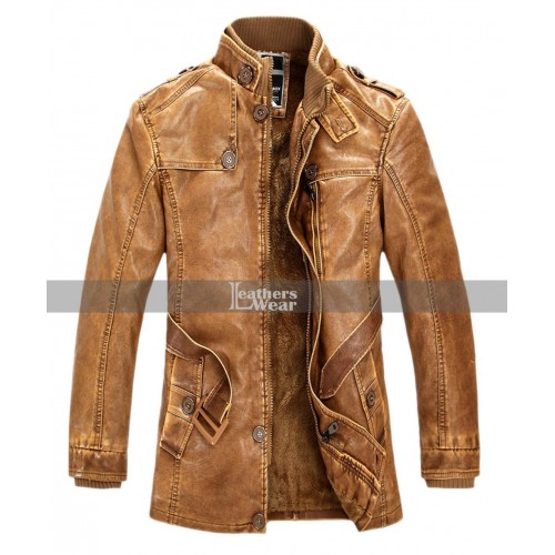 Mens PuMid length Washed Trench Coat Fur Lining Jacket