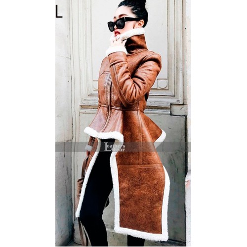 Real Leather Turtleneck Brown Women Fur Coat