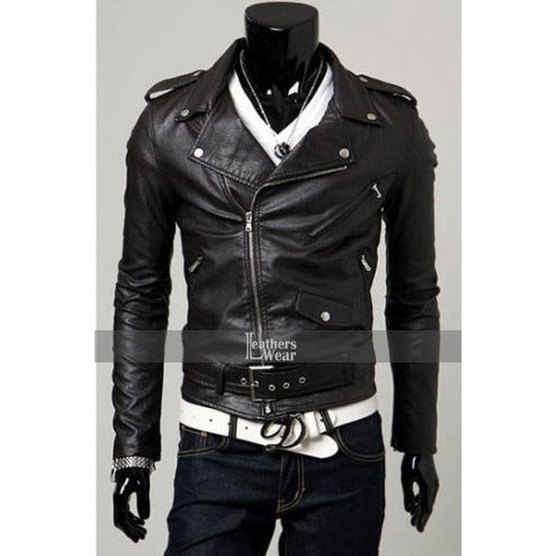 Slim Fit Belted Rider Black Leather Jacket 