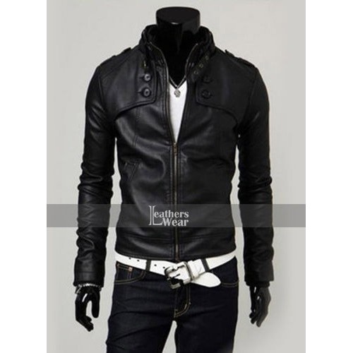 Slim Fit Button Pocket Black Zipper Leather Jacket