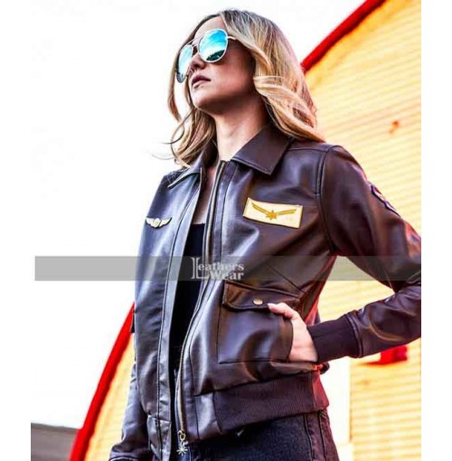 Captain Marvel Brie Larson (Carol Danvers) Pilot Bomber Brown Jacket