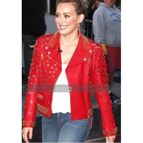 Hilary Duff Spiked Red Biker Style Leather Jacket