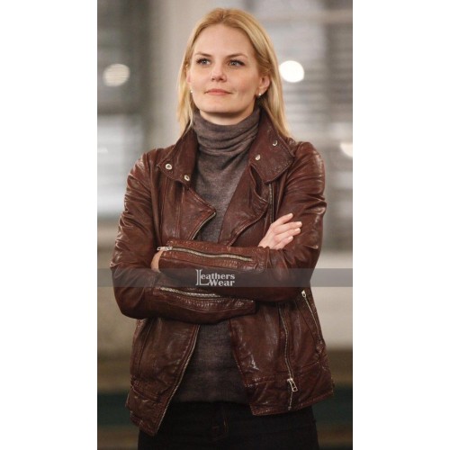 thumbnail image 2 of Jennifer Morrison Once Upon A Time Emma Swan Jacket – Women’s Distressed Brown Real Leather Motorcycle Style 2 of 6