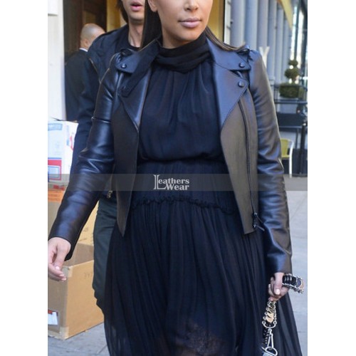 Kim Kardashian Trendy Black Biker Leather Jacket